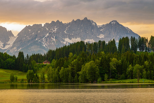 View of the Wilder Kaiser Mountain Range from Schwarzsee near Kitzbuhel, Tyrol, Austria