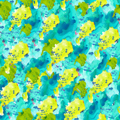 Fototapeta na wymiar Seamless contrast watercolor background. Background with bright turquoise and yellow spots and splashes. Abstract watercolor painting.