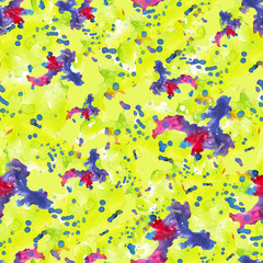Seamless contrast watercolor background. Bright purple blue spots and splashes on a yellow background. Abstract bright seamless composition