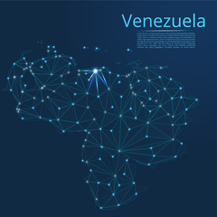 Venezuela communication network map. Vector low poly image of a global map with lights in the form of cities in or population density consisting of points and shapes in the form of stars and space.