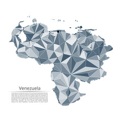 Venezuela communication network map. Vector low poly image of a global map with lights in the form of cities in or population density consisting of points and shapes and space. Easy to edit