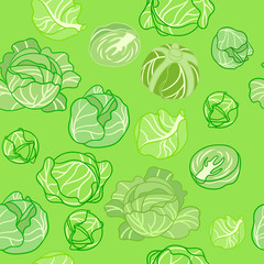 Green flat colored cabbage on green background seamless pattern