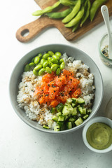 Rice bowl with salmon and edamame beans
