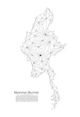 Map of Myanmar (Burma) connection. Vector low-poly image of a global map with lights in the form of cities or population density, consisting of points and shapes in the form of stars and space.