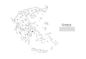 Map of Greece connection. Vector low-poly image of a global map with lights in the form of cities or population density, consisting of points and shapes in the form of stars and space.