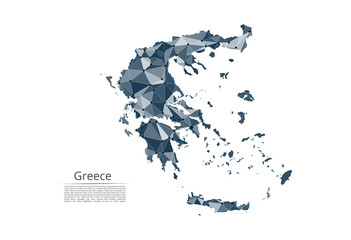 Map of Greece connection. Vector low-poly image of a global map with lights in the form of cities or population density, consisting of points and shapes in the form of stars and space.