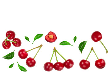 Some cherries with leaf closeup isolated on white background. With copy space for your text. Top view. Flat lay