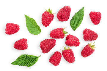 raspberries with leaves isolated on white background. Top view. Flat lay