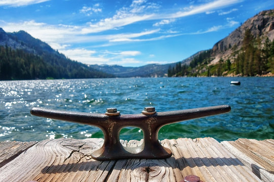 A cleat on a dock at Echo Lake in the Sierras.