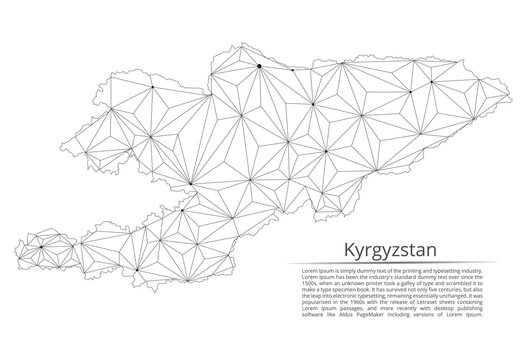 Map of Kyrgyzstan connection. Vector low-poly image of a global map with lights in the form of cities or population density, consisting of points and shapes in the form of stars and space.