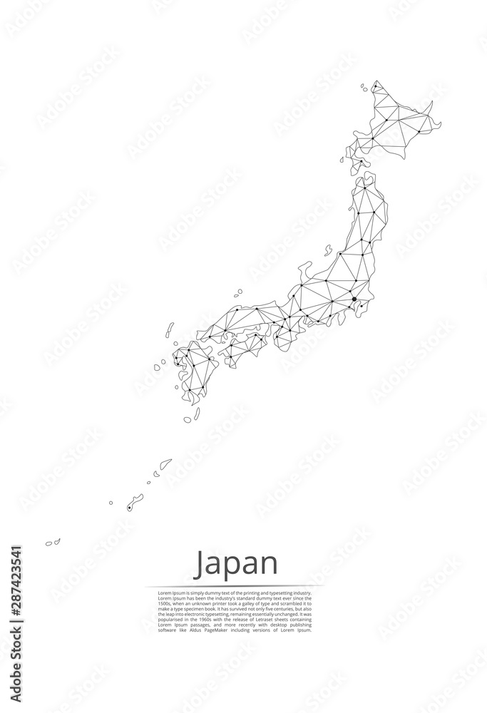 Poster japan communication network map. vector low poly image of a global map with lights in the form of ci