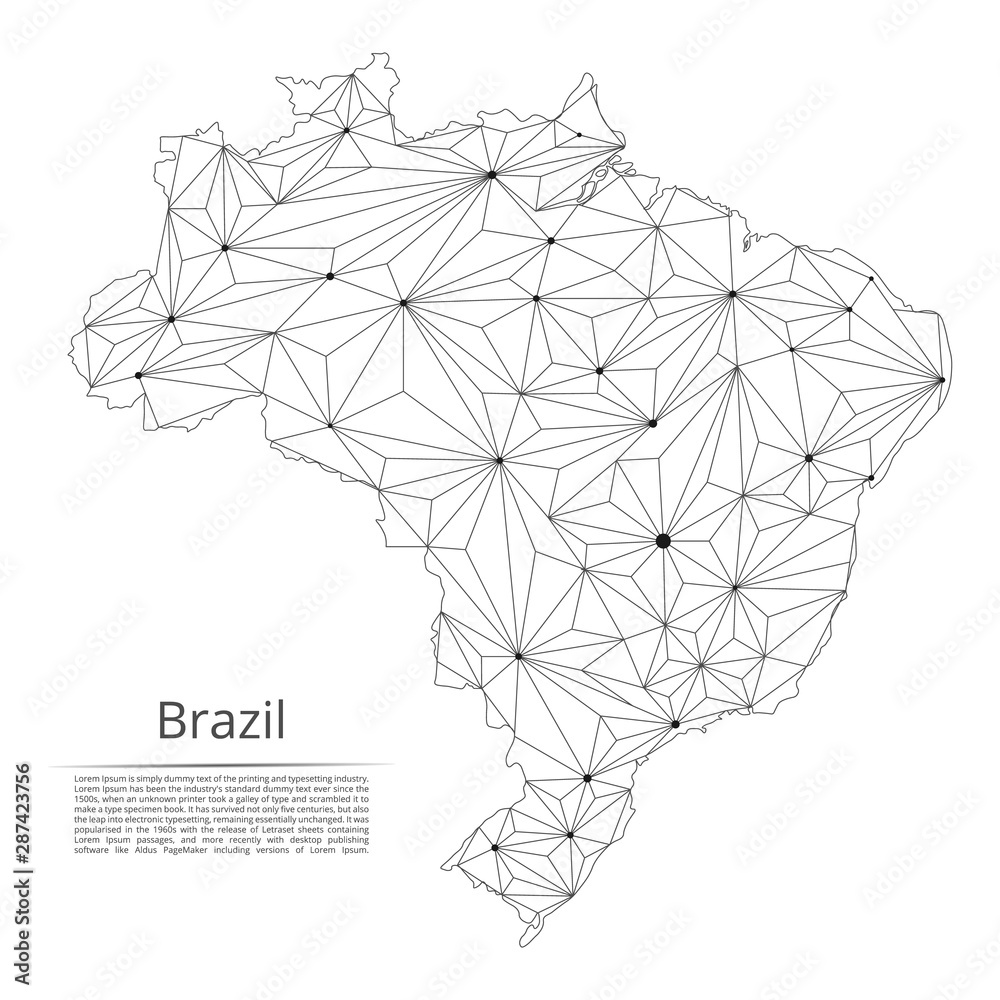 Poster brazil communication network map. vector low poly image of a global map with lights in the form of c