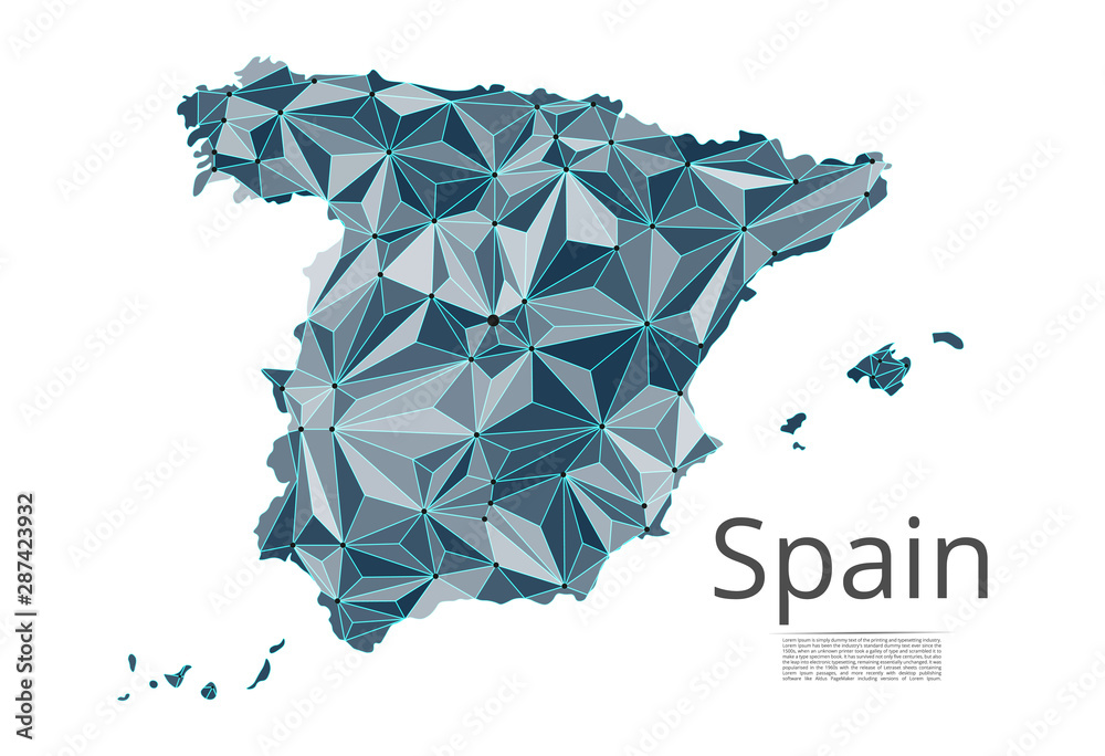 Poster spain communication network map. vector low poly image of a global map with lights in the form of ci