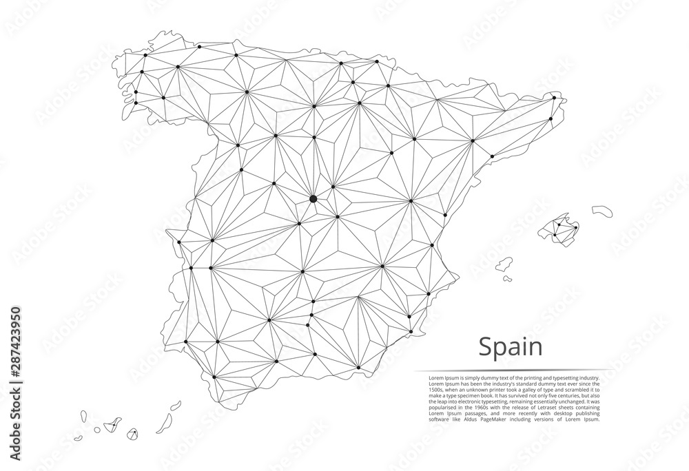Poster spain communication network map. vector low poly image of a global map with lights in the form of ci