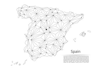Spain communication network map. Vector low poly image of a global map with lights in the form of cities in or population density consisting of points and shapes and space. Easy to edit