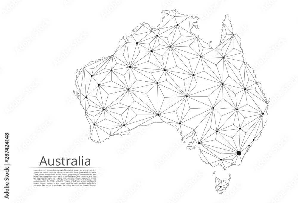 Poster australia communication network map. vector low poly image of a global map with lights in the form o