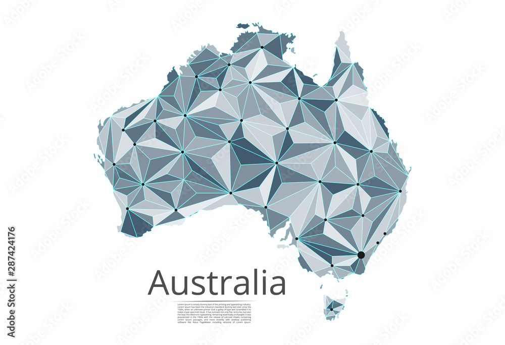 Poster australia communication network map. vector low poly image of a global map with lights in the form o