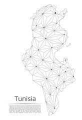 Map of Tunisia connection. Vector low-poly image of a global map with lights in the form of cities or population density, consisting of points and shapes in the form of stars and space. Easy to edit