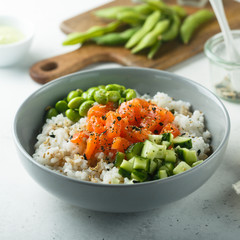 Rice bowl with salmon and edamame beans