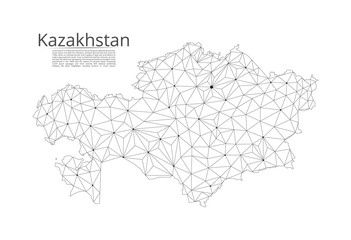 Kazakhstan communication network map. Vector low poly image of a global map with lights in the form of cities in or population density consisting of points and shapes and space. Easy to edit