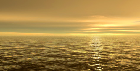 Yellow empty wavy sea under a cloudy sky. 3d illustration.