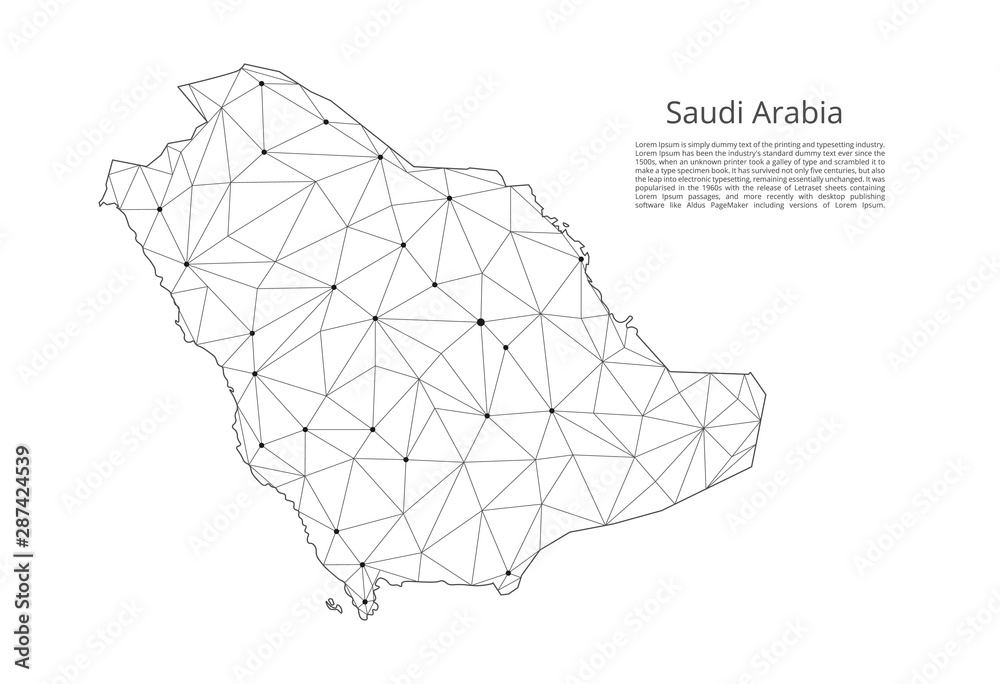 Poster saudi arabia communication network map. vector low poly image of a global map with lights in the for
