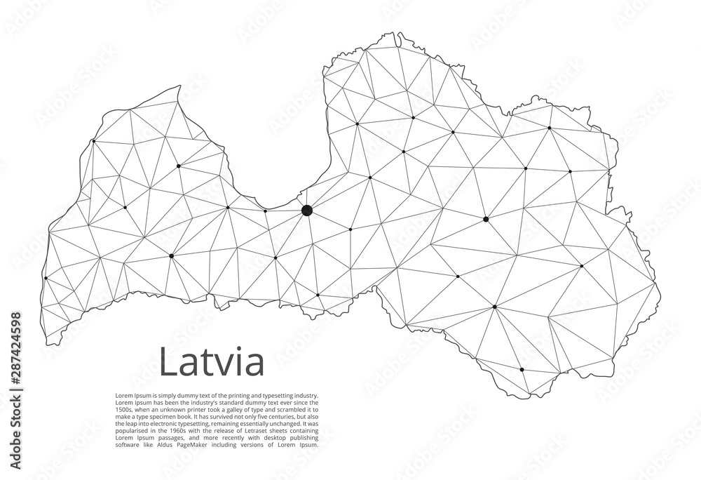 Poster latvia communication network map. vector low poly image of a global map with lights in the form of c