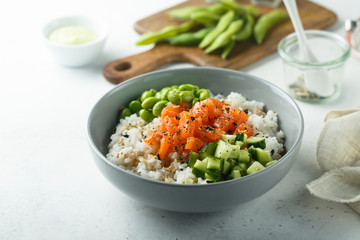 Rice bowl with salmon and edamame beans