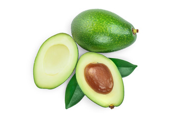 avocado and slices decorated with green leaves isolated on white background. Top view. Flat lay