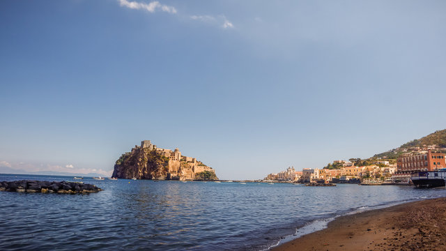 Sunny day on Ischia beach in Naples Italy., summer time holiday