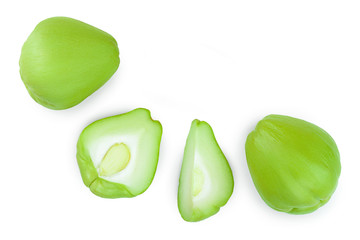 fresh Chayote vegetable or mexican cucumber isolated on white background. Top view. Flat lay