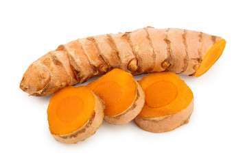 turmeric root and slices isolated on white background
