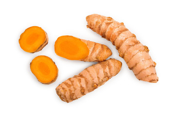 Turmeric powder and turmeric root isolated on white background. Top view. Flat lay