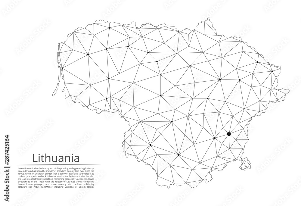 Poster lithuania communication network map. vector low poly image of a global map with lights in the form o
