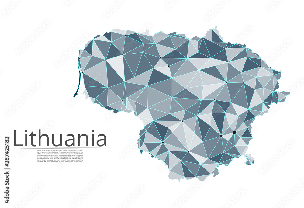 Poster lithuania communication network map. vector low poly image of a global map with lights in the form o
