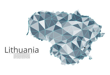 Lithuania communication network map. Vector low poly image of a global map with lights in the form of cities in or population density consisting of points and shapes and space. Easy to edit