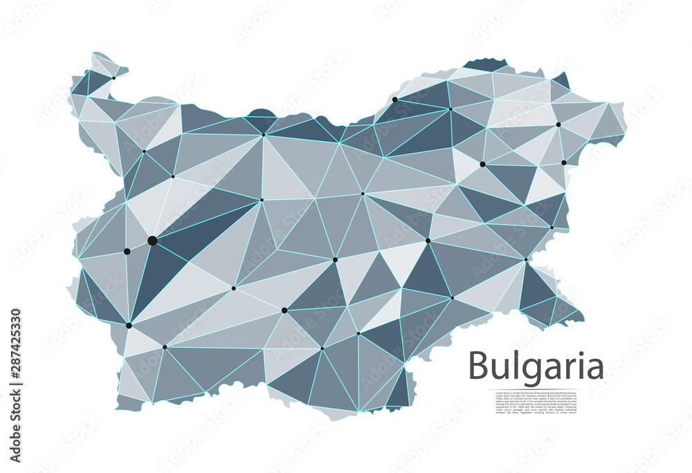 Poster bulgaria communication network map. vector low poly image of a global map with lights in the form of