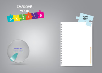 Improve your skills  infographic vector concept showing glass ball and empty white notes ready for your text.