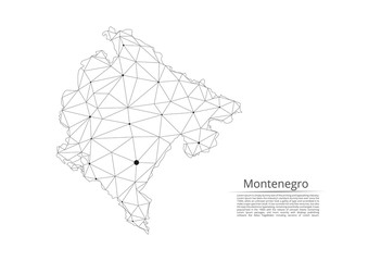 Montenegro communication network map. Vector low poly image of a global map with lights in the form of cities in or population density consisting of points and shapes and space. Easy to edit