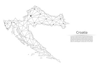 Croatia communication network map. Vector low poly image of a global map with lights in the form of cities in or population density consisting of points and shapes and space. Easy to edit