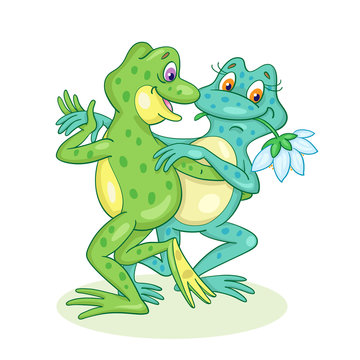 Dancing Frogs. A pair of two funny frogs dancing tango. In cartoon style. Isolated on a white background.