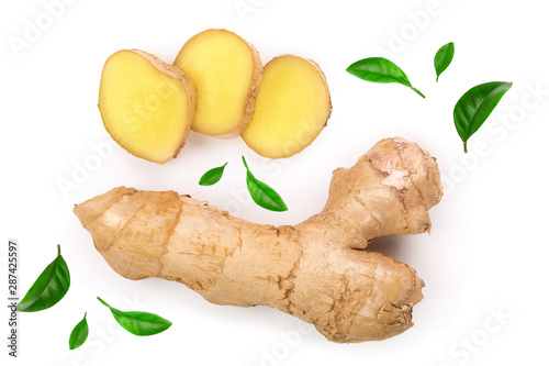 fresh Ginger root and slice isolated on white background. Top view. Flat lay
