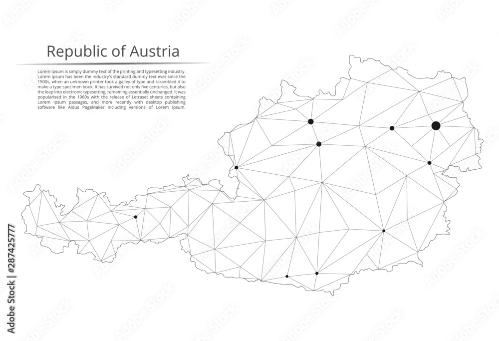 Poster the map of the network of the austria. vector low-poly image of a global map with lights in the form