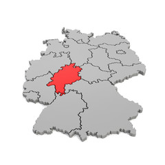 3d Illustation - Deutschlandkarte in grau mit Fokus auf Hessen in rot - 16 Bundesländer