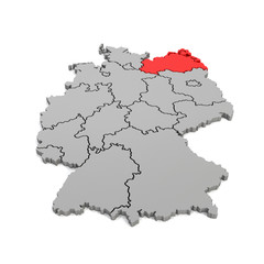 3d Illustation - Deutschlandkarte in grau mit Fokus auf Mecklenburg-Vorpommern in rot - 16 Bundesländer