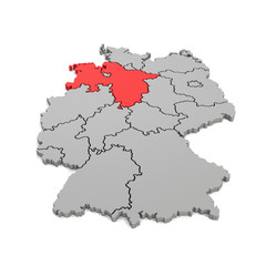 Fototapeta premium 3d Illustation - Deutschlandkarte in grau mit Fokus auf Niedersachsen in rot - 16 Bundesländer
