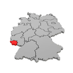 3d Illustation - Deutschlandkarte in grau mit Fokus auf Saarland in rot - 16 Bundesländer