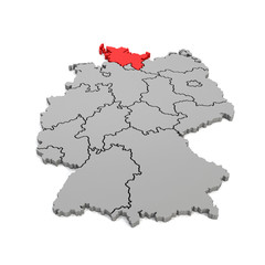 3d Illustation - Deutschlandkarte in grau mit Fokus auf Schleswig-Holstein in rot - 16 Bundesländer