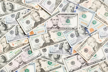 Top view of various dollar cash background. Different banknotes concept. Wealth and rich concept