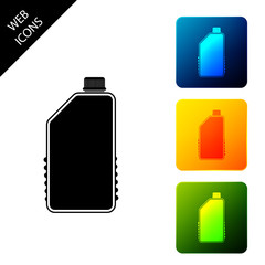 Household chemicals blank plastic bottle icon isolated. Liquid detergent or soap, stain remover, laundry bleach, bathroom or toilet cleaner. Set icons colorful square buttons. Vector Illustration